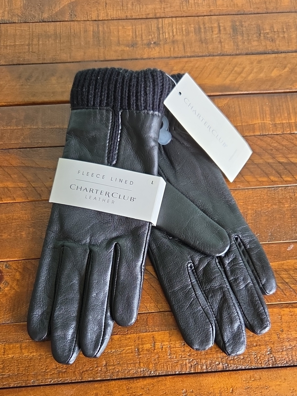 Nwt Charter Club Black Leather Fleece-Lined Gloves with Knit Cuffs